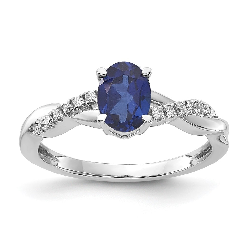 14K White Gold Oval Created Sapphire and Diamond Ring, Size 7