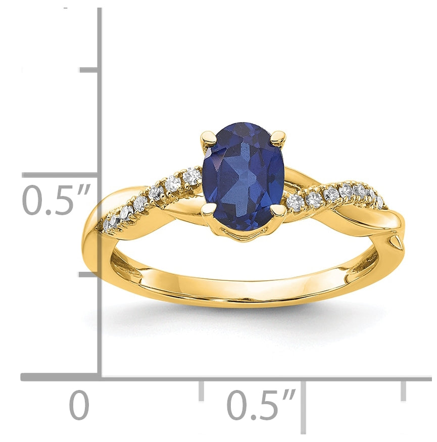14K Yellow Gold Oval Created Sapphire and Diamond Ring, Size 7