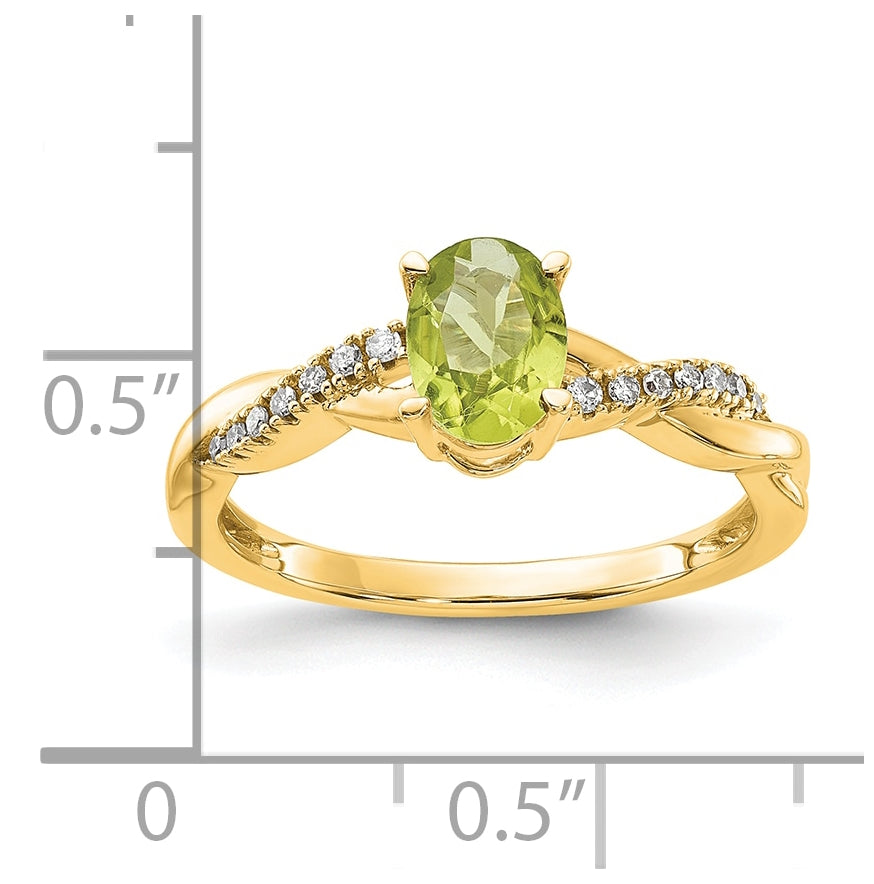 10K Yellow Gold Oval Peridot and Diamond Ring, Size 6