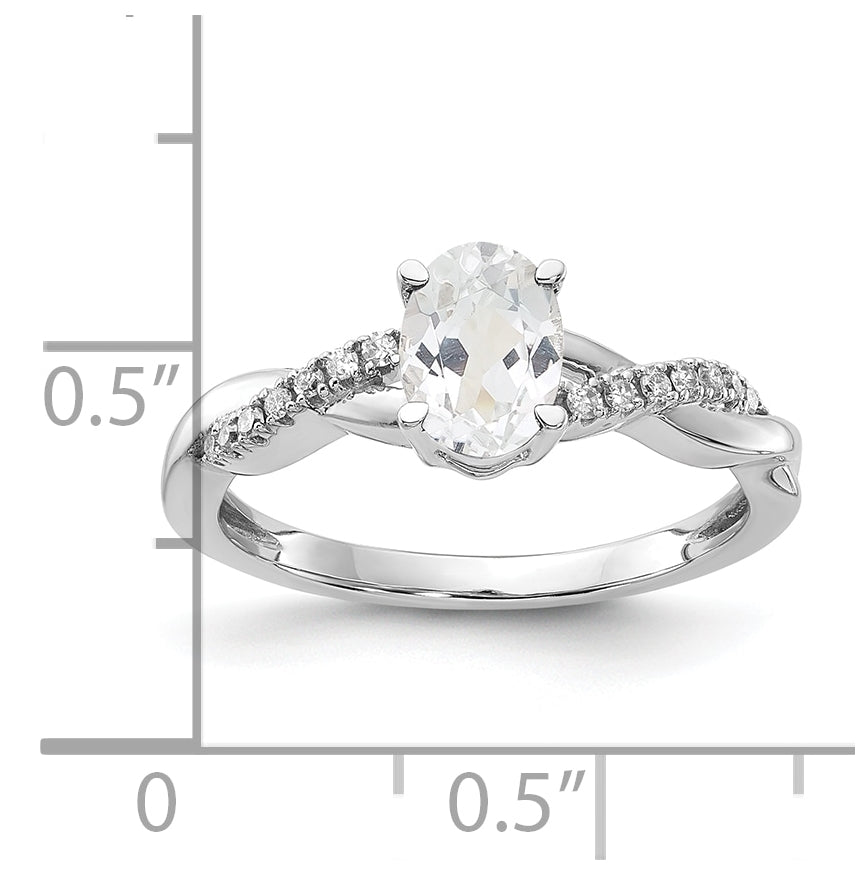 14K White Gold Oval White Topaz and Diamond Ring, Size 6