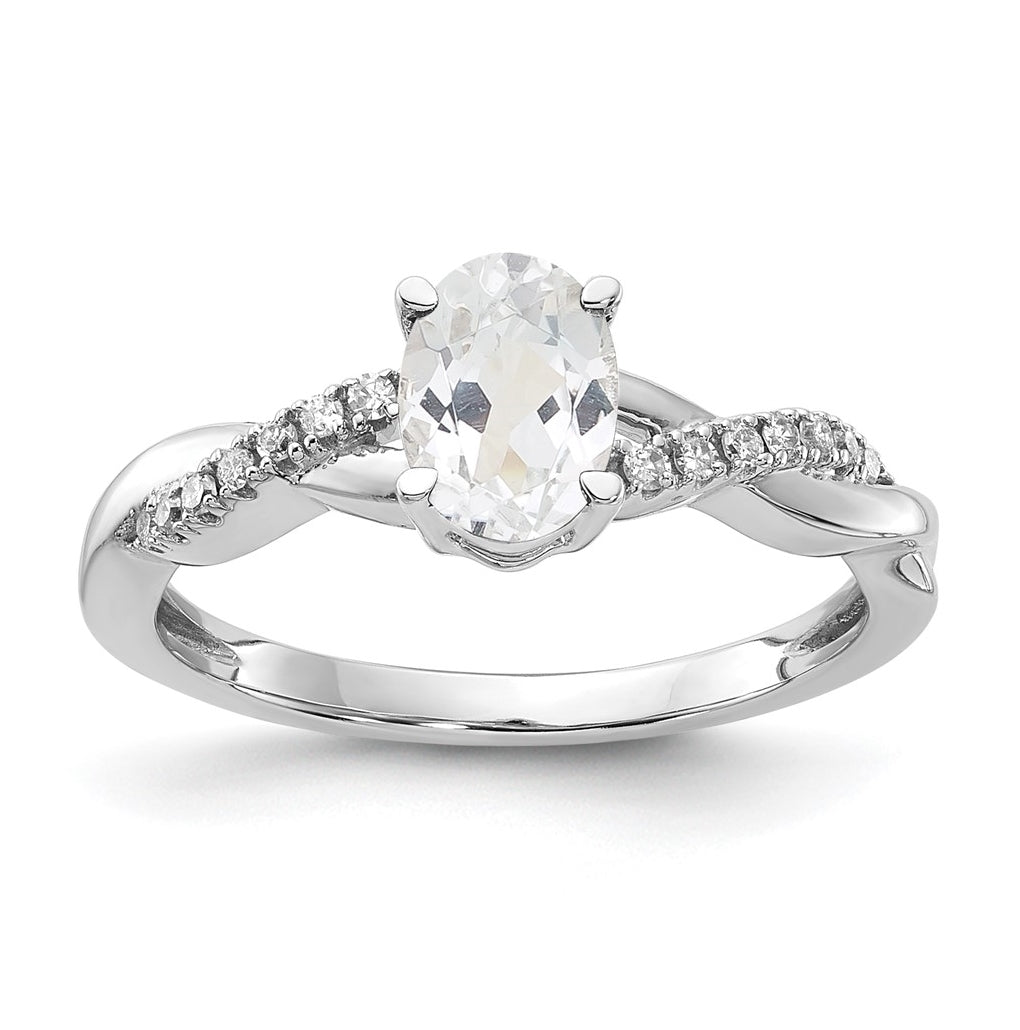 14K White Gold Oval White Topaz and Diamond Ring, Size 6