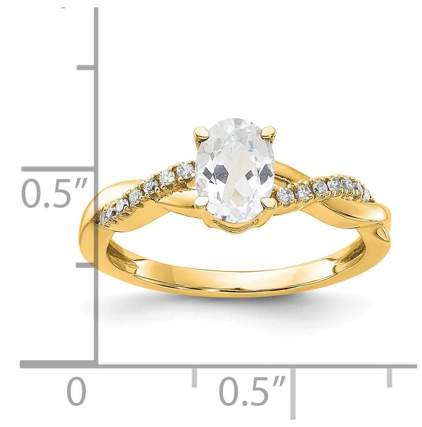 14K Yellow Gold Oval White Topaz and Diamond Ring, Size 6