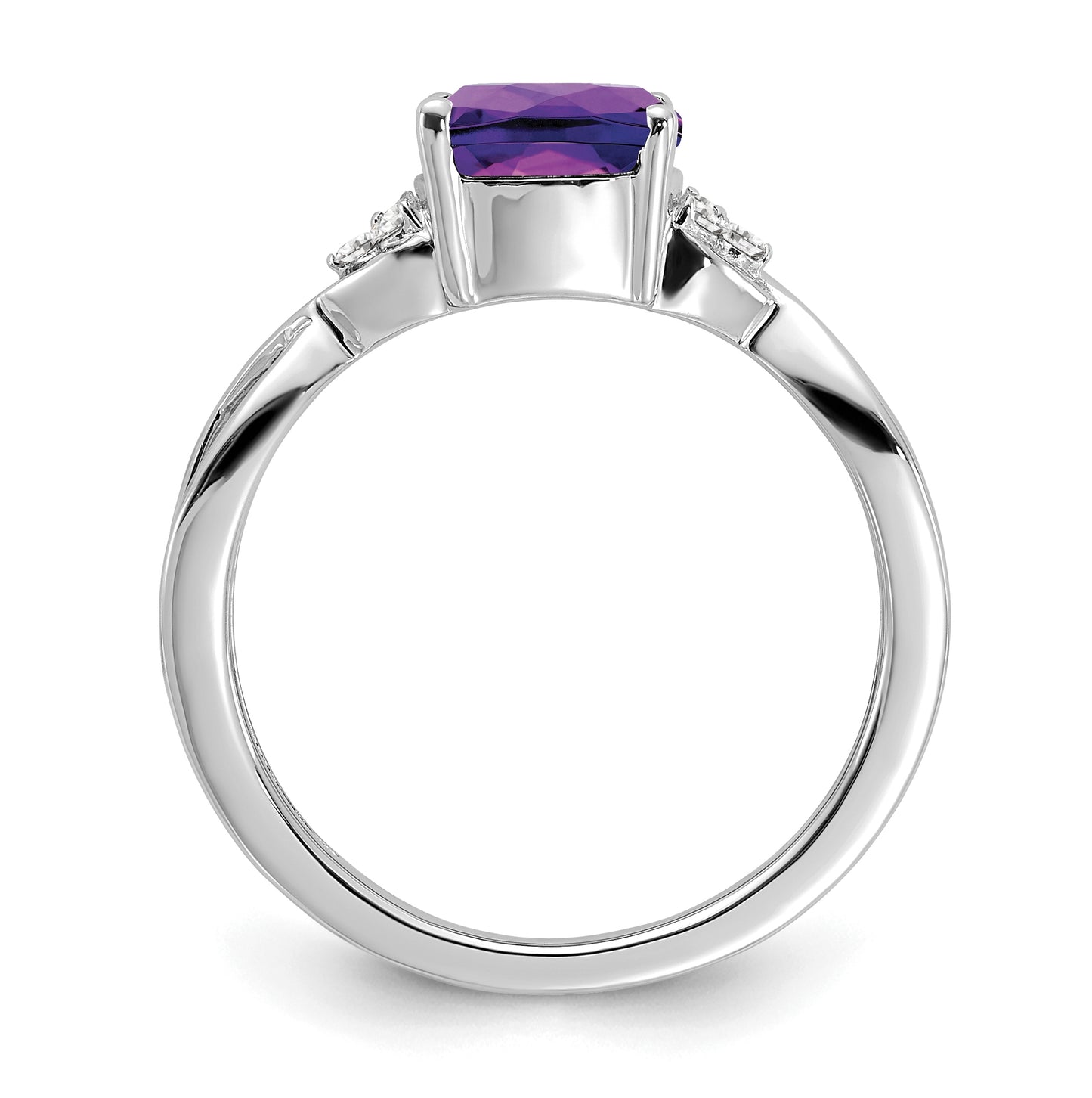 14K White Gold Checkerboard Amethyst and Diamond Ring, Size 6