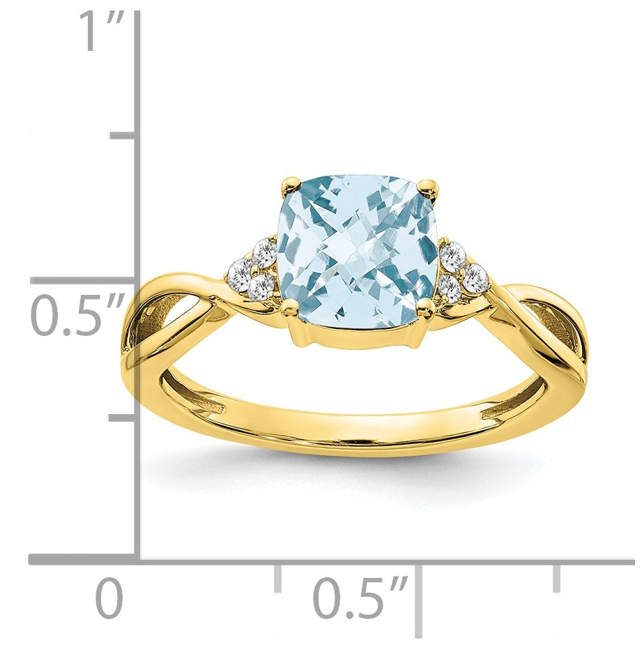 10K Yellow Gold Checkerboard Aquamarine and Diamond Ring, Size 7