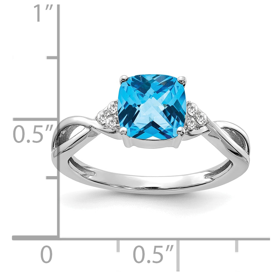 14K White Gold Checkerboard Blue Topaz and Diamond Ring, Size 7