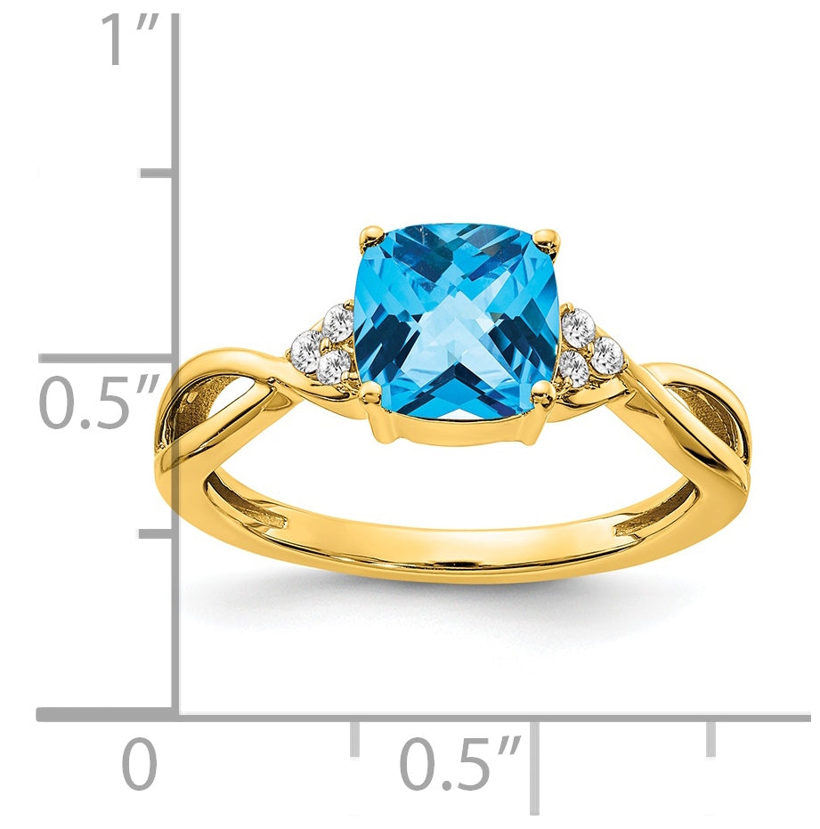 14K Yellow Gold Checkerboard Blue Topaz and Diamond Ring, Size 7