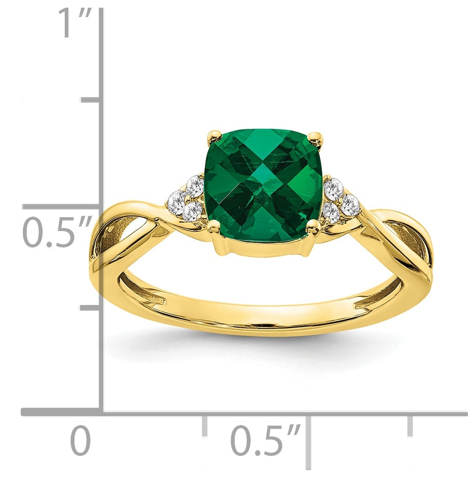 10K Yellow Gold Checkerboard Created Emerald and Diamond Ring, Size 7