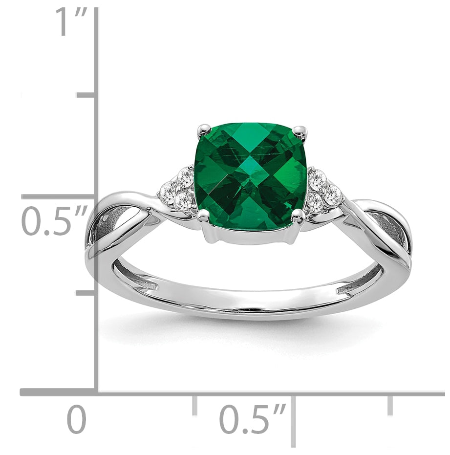 14K White Gold Checkerboard Created Emerald and Diamond Ring, Size 7