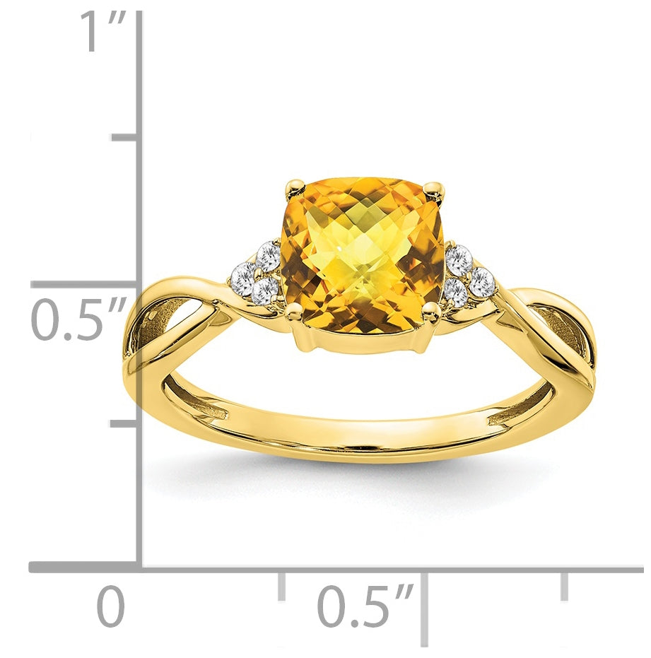 10K Yellow Gold Checkerboard Citrine and Diamond Ring, Size 7