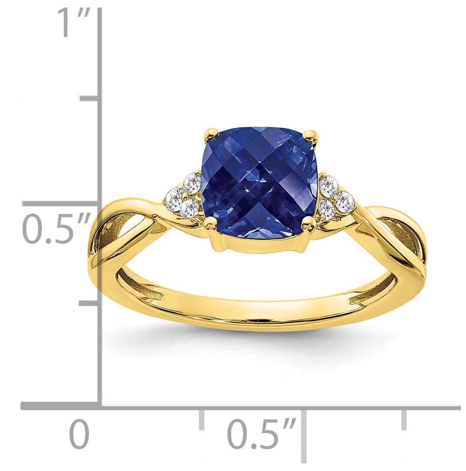 10K Yellow Gold Checkerboard Created Sapphire and Diamond Ring, Size 7