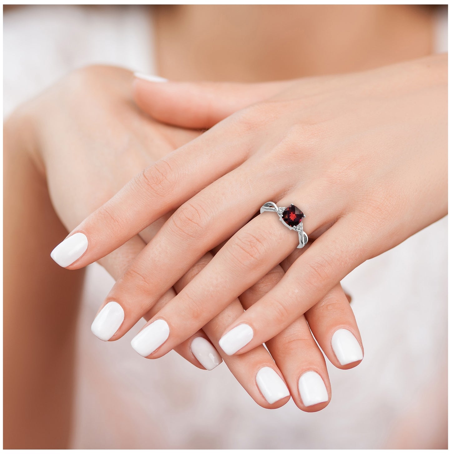 14K White Gold Checkerboard Garnet and Diamond Ring, Size 7