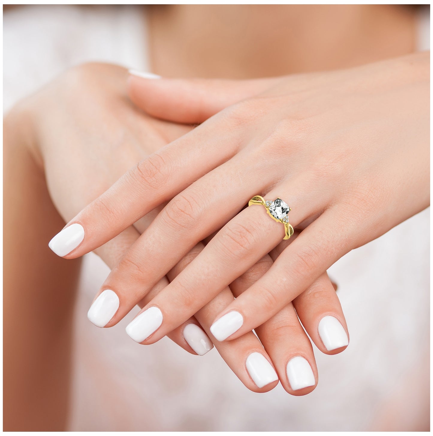 10K Yellow Gold Checkerboard White Topaz and Diamond Ring, Size 6