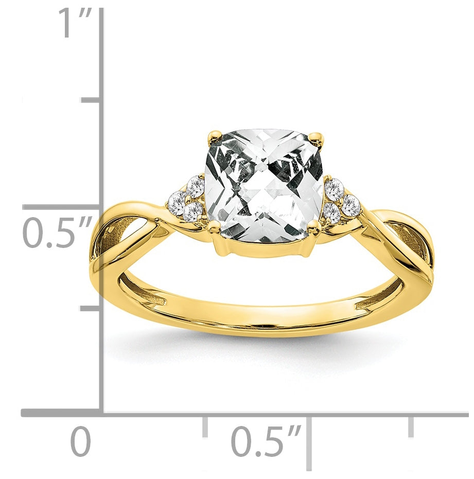 10K Yellow Gold Checkerboard White Topaz and Diamond Ring, Size 6