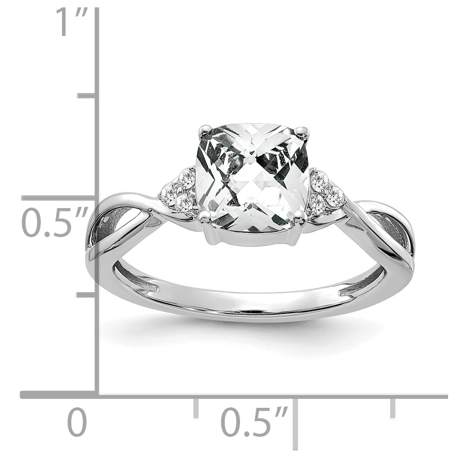 14K White Gold Checkerboard White Topaz and Diamond Ring, Size 6
