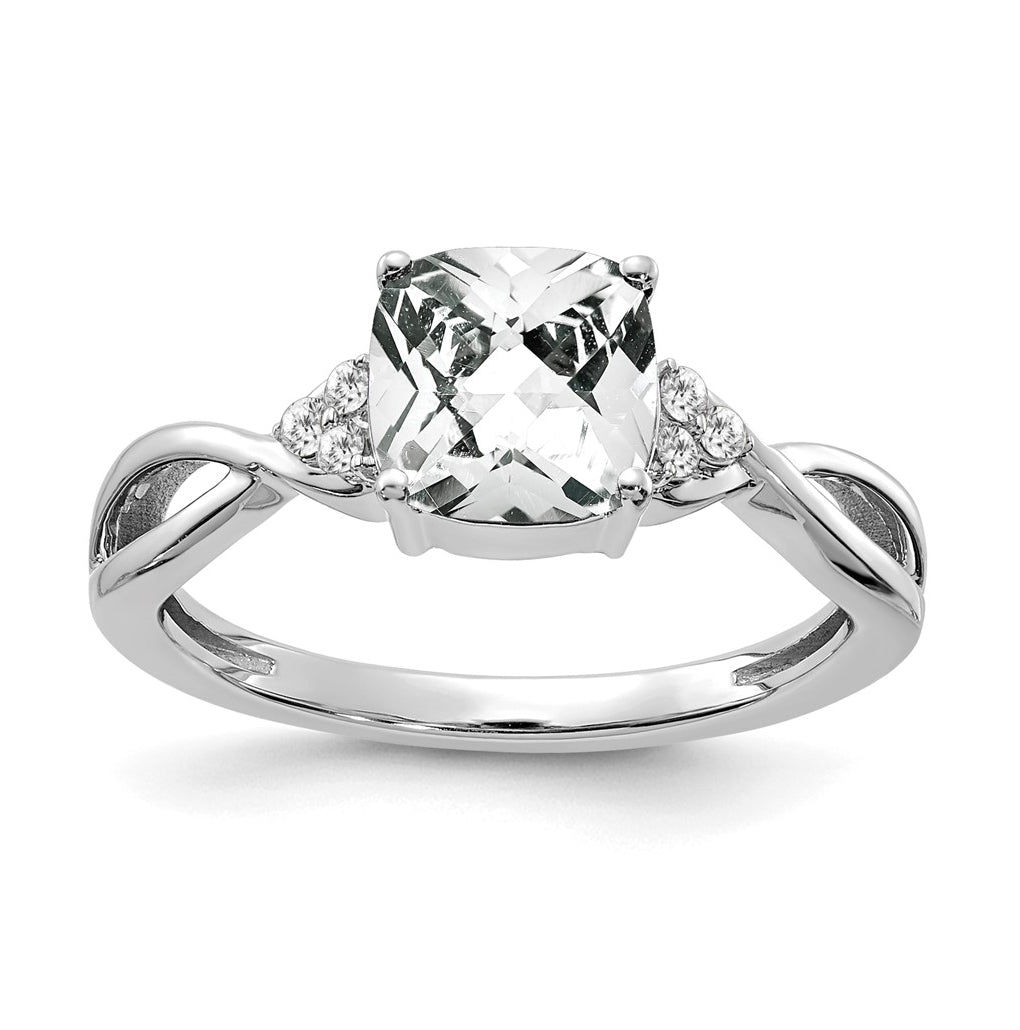 14K White Gold Checkerboard White Topaz and Diamond Ring, Size 6