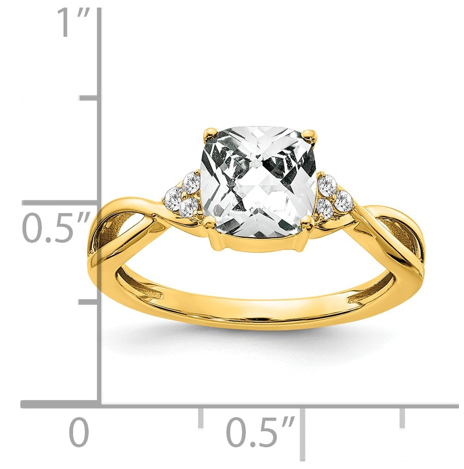 14K Yellow Gold Checkerboard White Topaz and Diamond Ring, Size 6