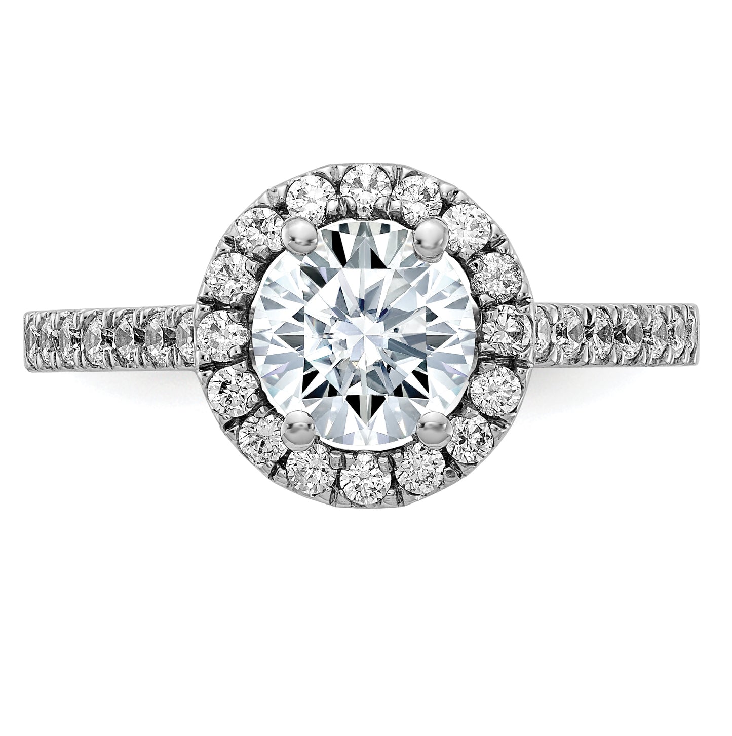 14K White Gold 1 1/2ct. D E F Pure Light Round Halo Moissanite Engagement Ring