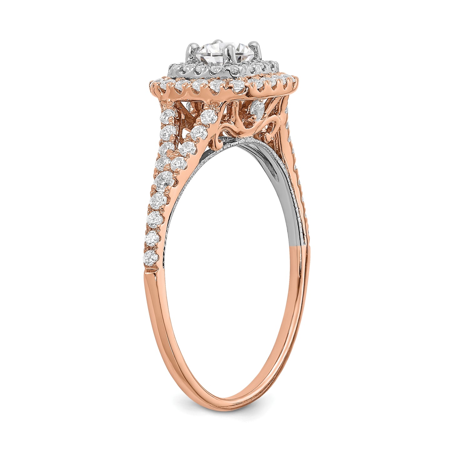 14k Rose and White Gold Double Halo (Holds 1/3 carat (4.5mm) Round Center) 1/2 carat Diamond Semi-mount Engagement Ring