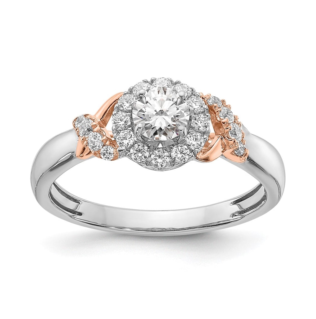 14k White and Rose Gold Halo Plus (Holds 1/3 carat (4.5mm) Round Center) 1/3 carat Diamond Semi-mount Engagement Ring