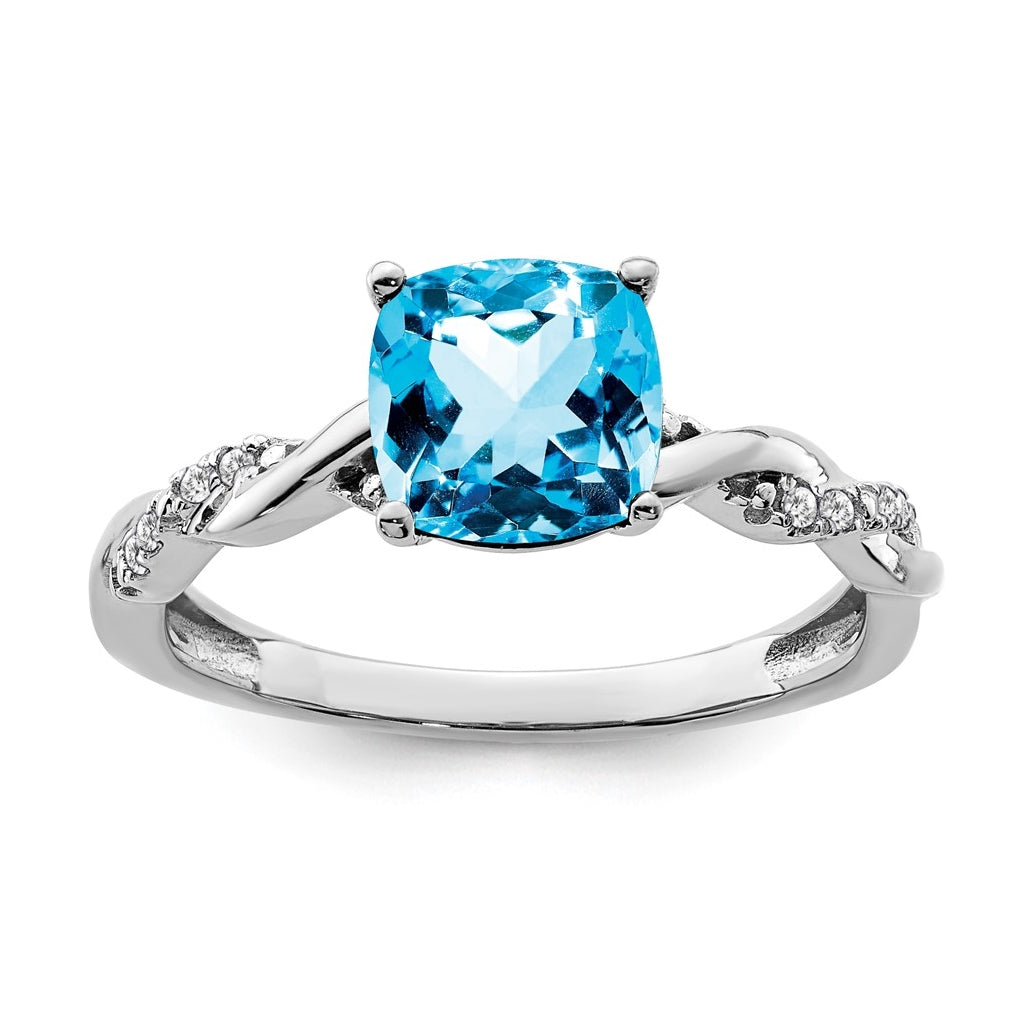 Sterling Silver Rhodium plated Blue Topaz & Diamond Ring, Size 7
