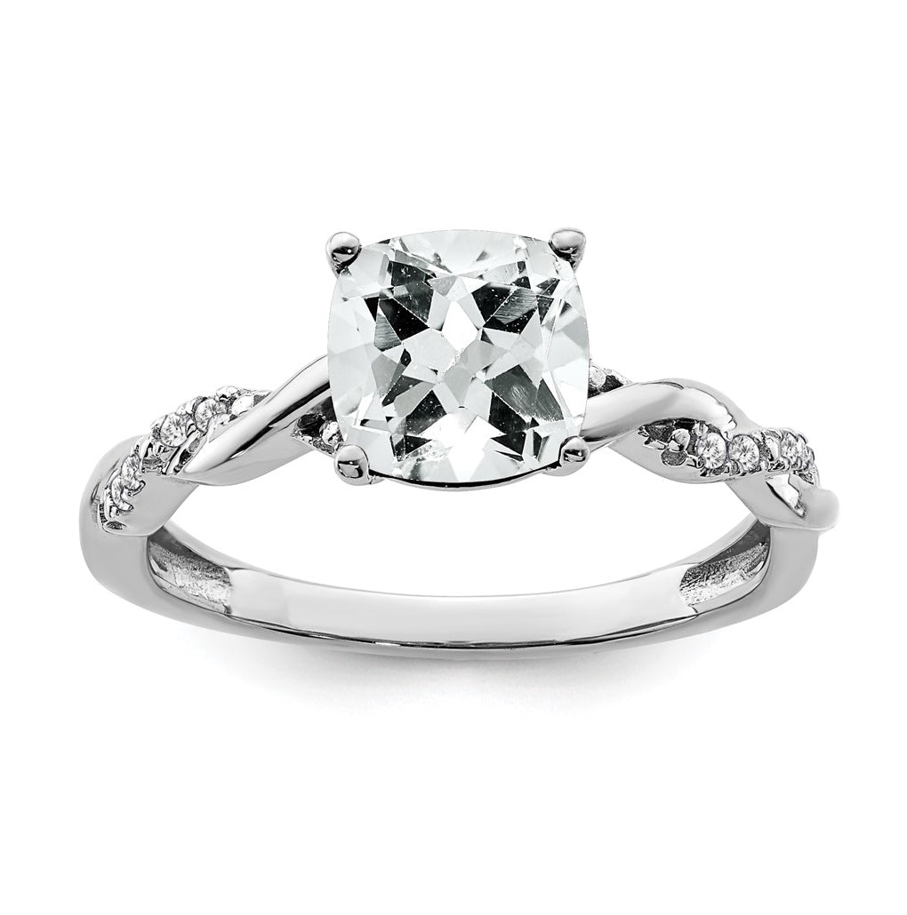 Sterling Silver Rhodium plated White Topaz & Diamond Ring, Size 8