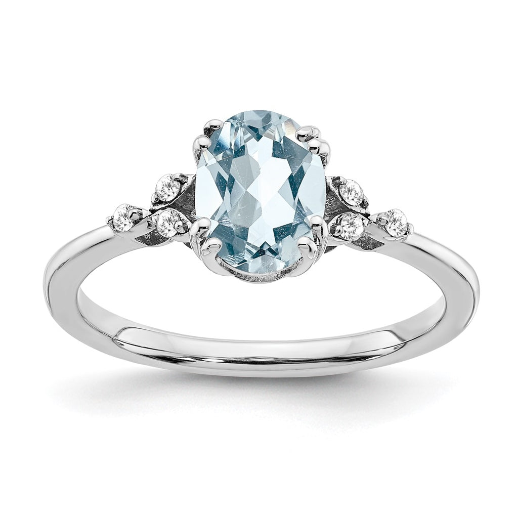 Sterling Silver Rhodium plated Aquamarine and Dia. Ring, Size 8