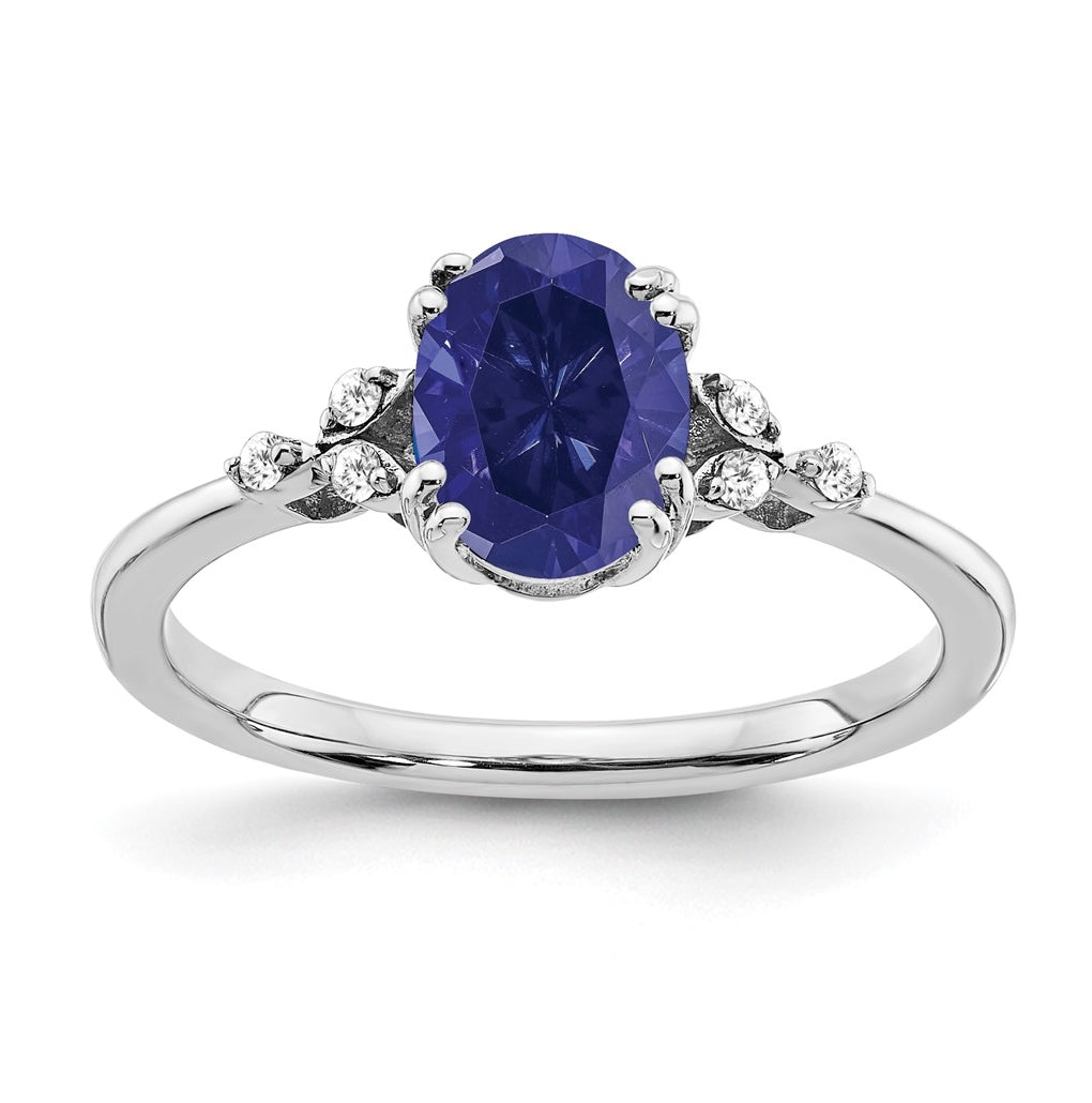 Sterling Silver Rhodium plated Created Sapphire & Diamond Ring, Size 7