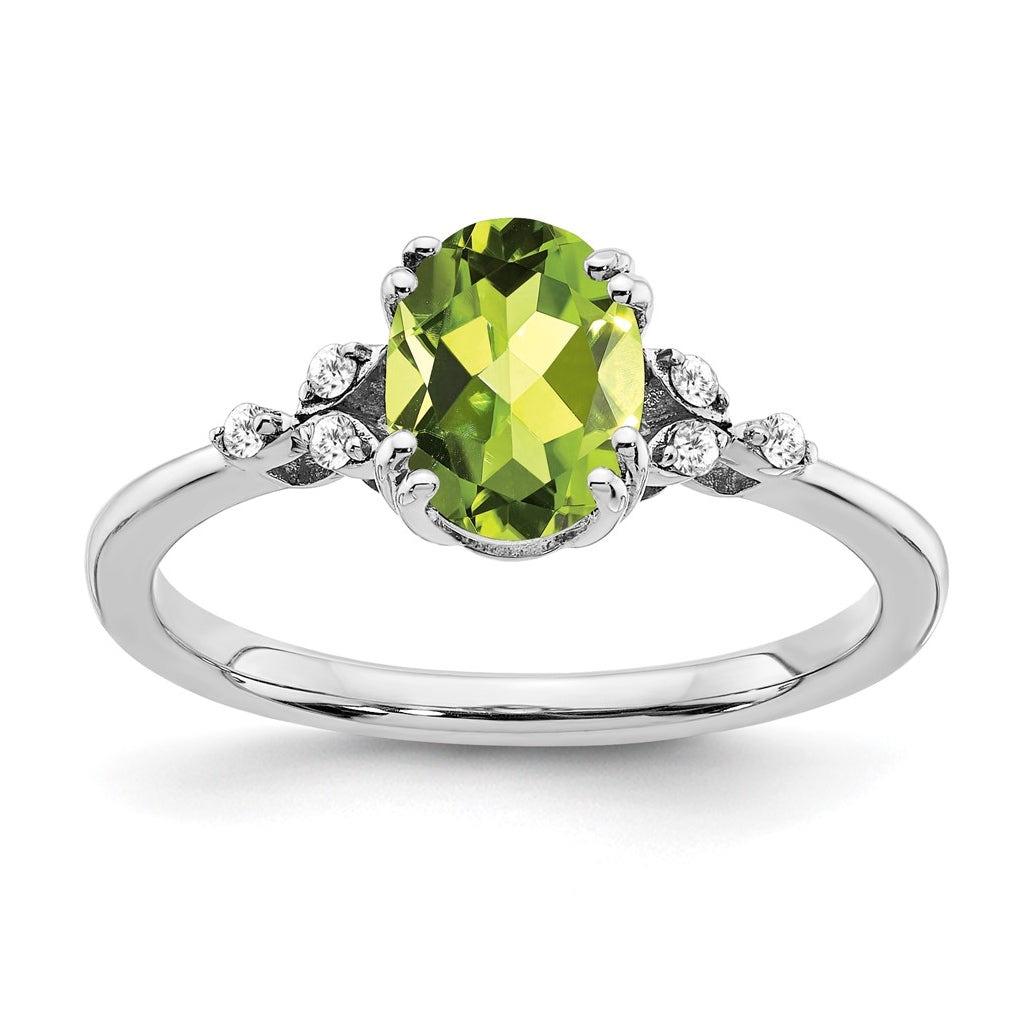 Sterling Silver Rhodium plated Peridot and Dia. Ring, Size 7