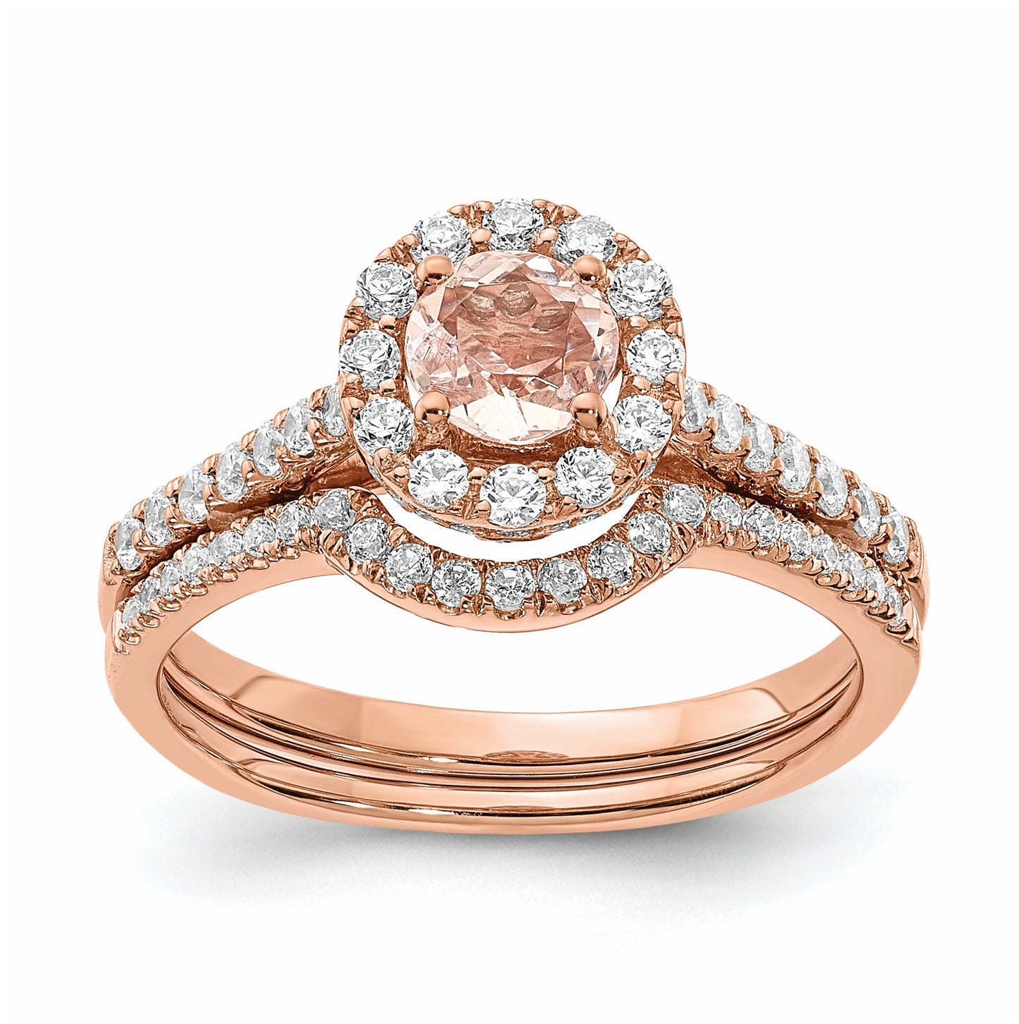 Blooming Bridal 14k Rose Gold Halo 5.2mm Round Morganite and 3/8 carat Diamond Complete Engagement Ring
