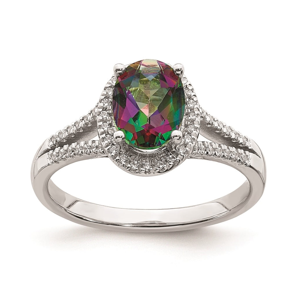 Blooming Bridal 14k White Gold Halo 8x6mm Oval Mystic Fire Topaz and 1/5 carat Diamond Complete Engagement Ring