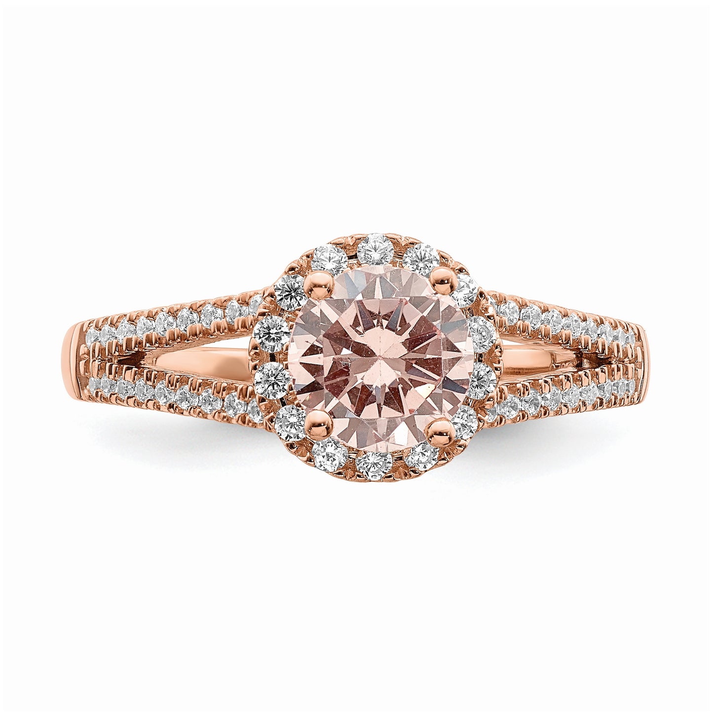 Blooming Bridal 14k Rose Gold Halo 6.5mm Round Morganite and 1/4 carat Diamond Complete Engagement Ring
