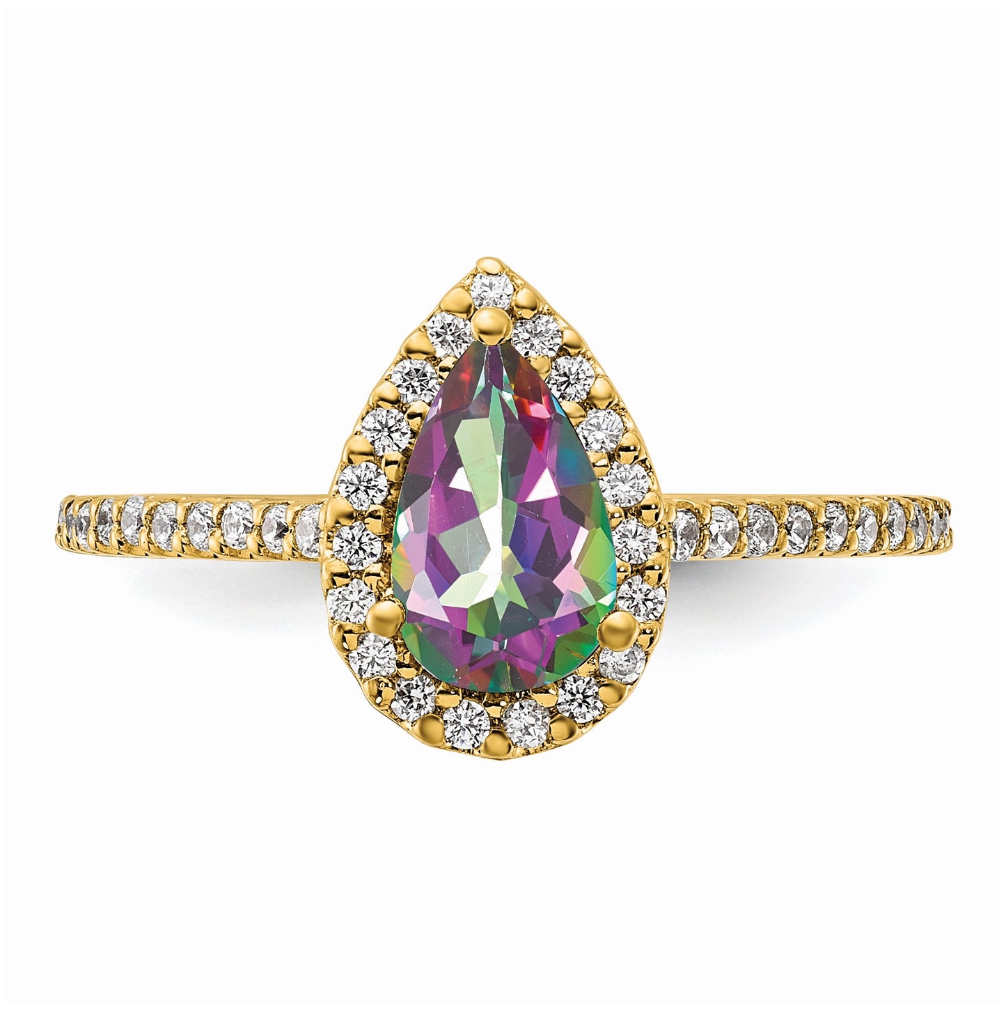 Blooming Bridal 14K Yellow Gold Halo 8x5mm Pear-cut Mystic Fire Topaz and 1/4 carat Diamond Complete Engagement Ring