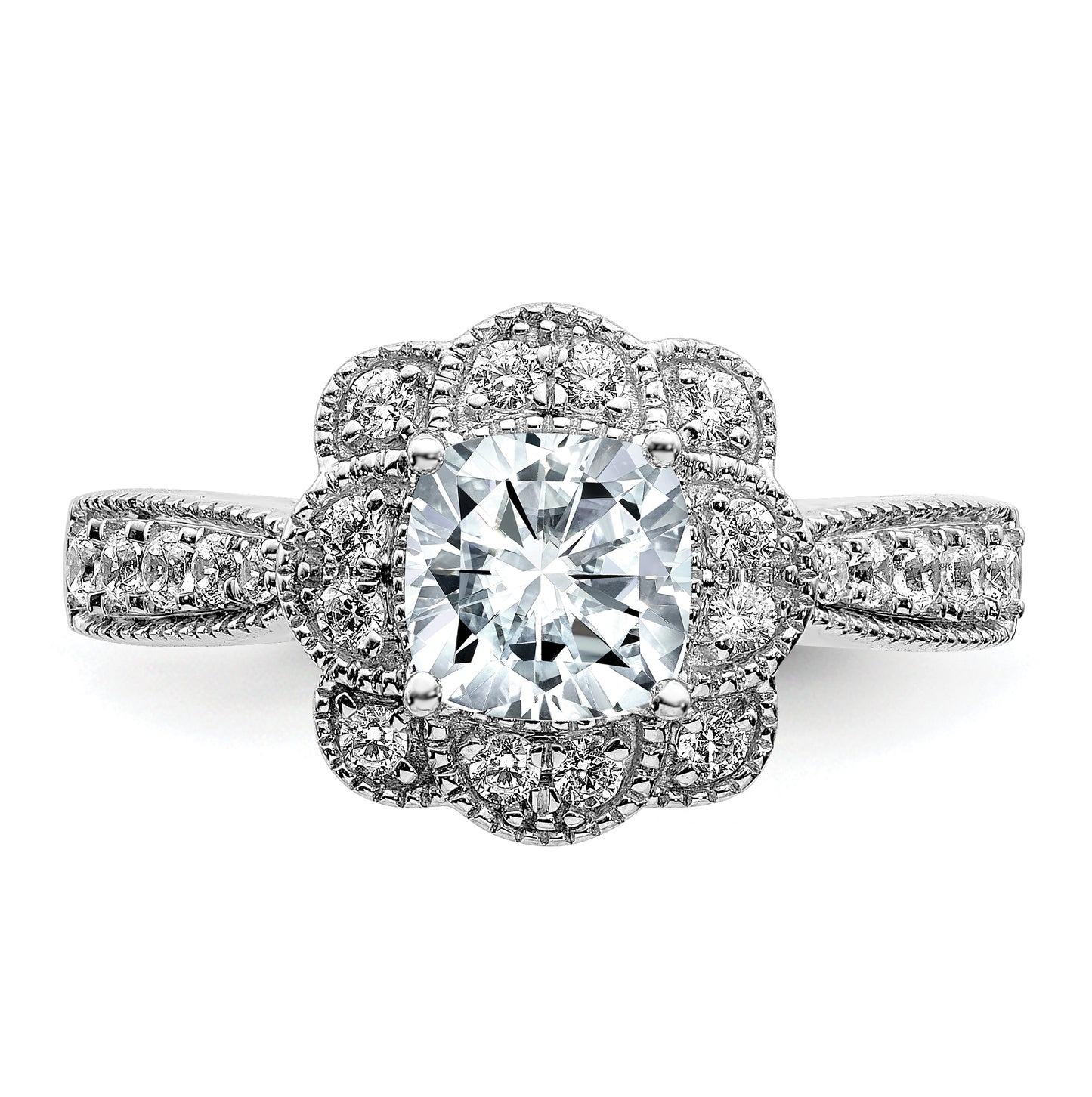 14K White Gold 1.52ct. Cushion Fancy Halo D E F Pure Light Moissanite Engagement Ring