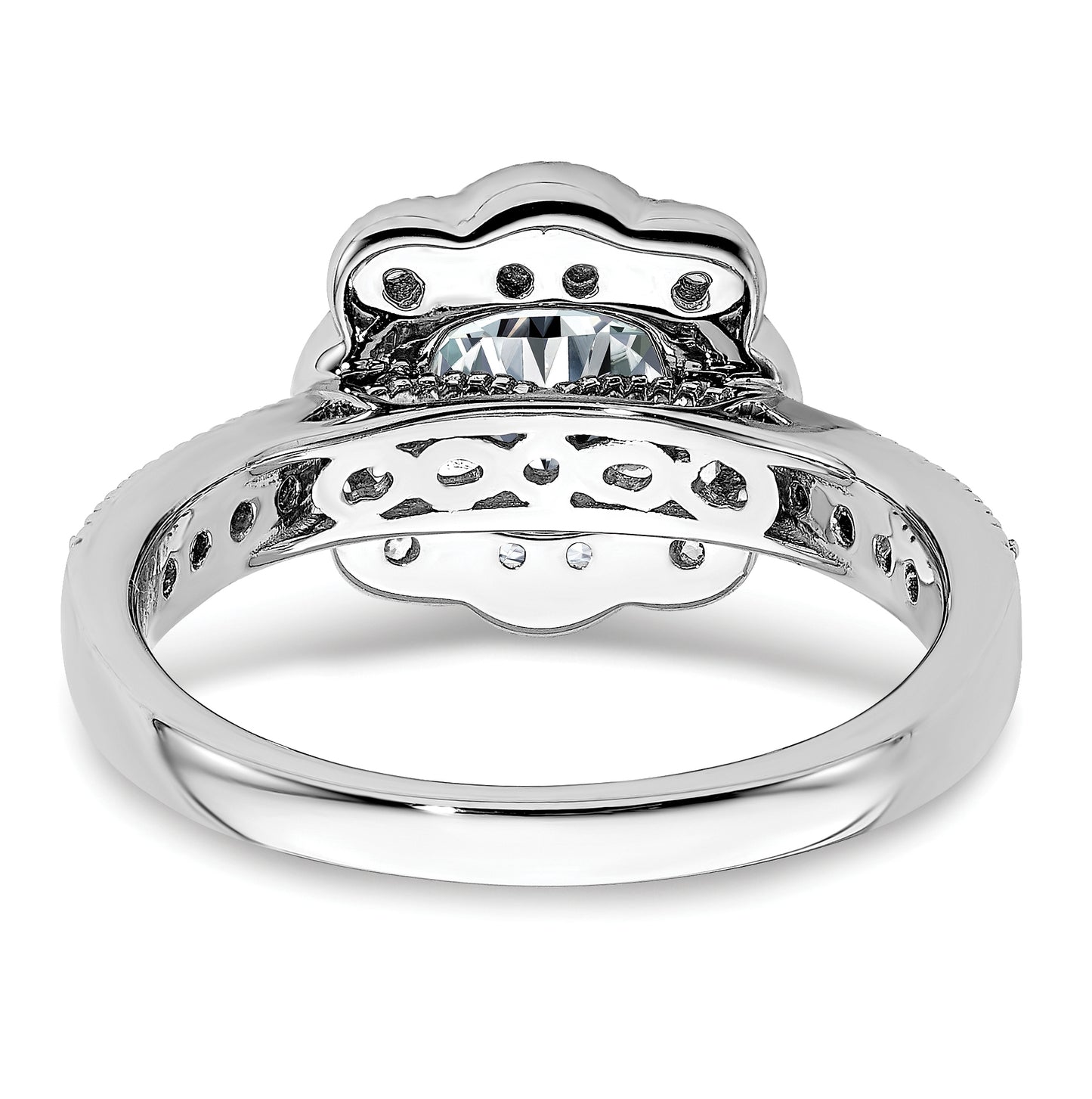 14K White Gold 1.52ct. Cushion Fancy Halo D E F Pure Light Moissanite Engagement Ring