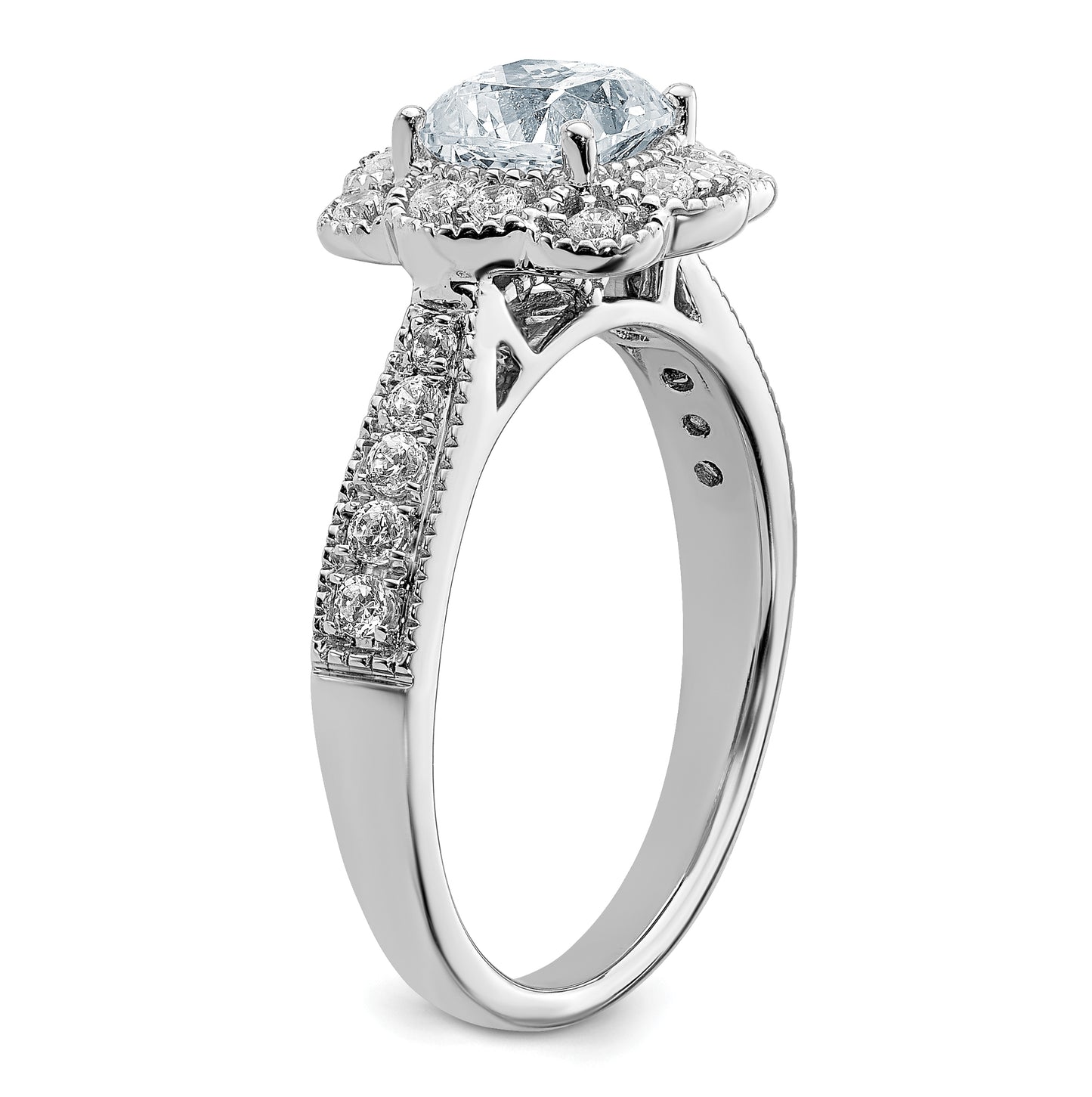 14K White Gold 1.52ct. Cushion Fancy Halo D E F Pure Light Moissanite Engagement Ring