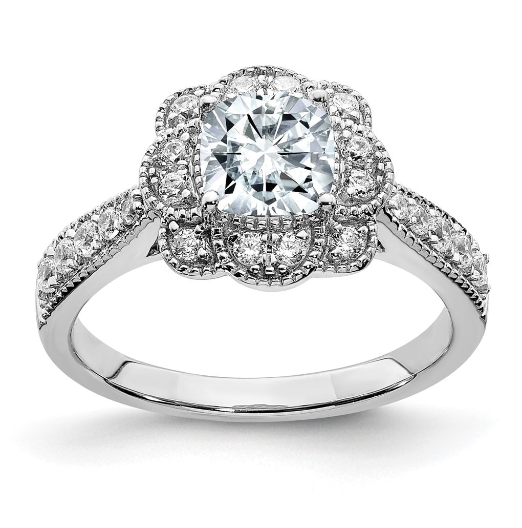 14K White Gold 1.52ct. Cushion Fancy Halo D E F Pure Light Moissanite Engagement Ring