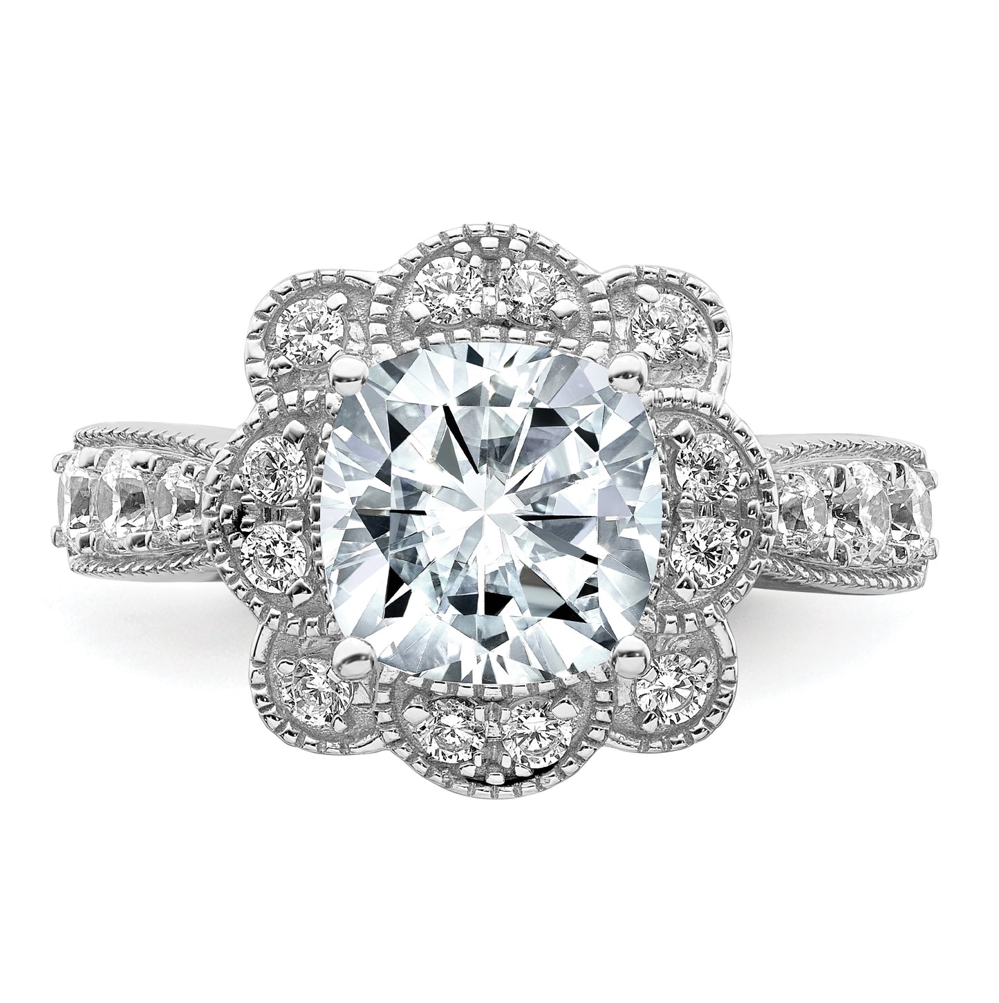 14K White Gold 2.98ct. Cushion Fancy Halo G H I True Light Moissanite Engagement Ring