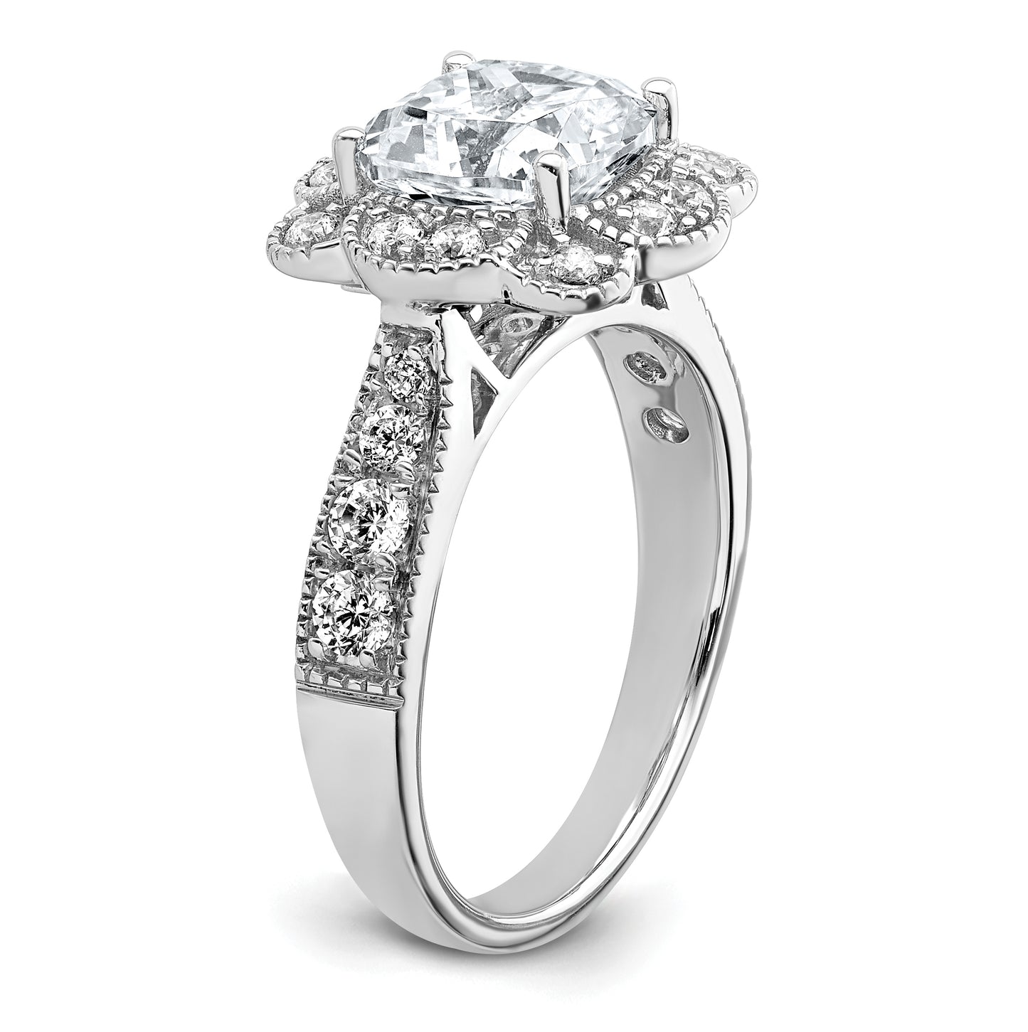 14K White Gold 2.98ct. Cushion Fancy Halo G H I True Light Moissanite Engagement Ring