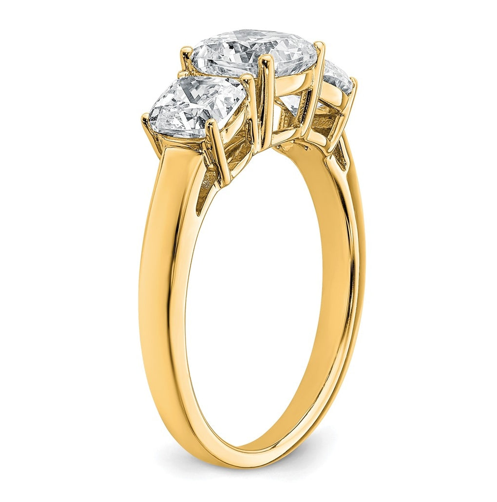 14k Yellow Gold 2 1/3 carat Certified Lab Grown Diamond VS+ F+ Cushion Complete Three Stone Engagement Ring