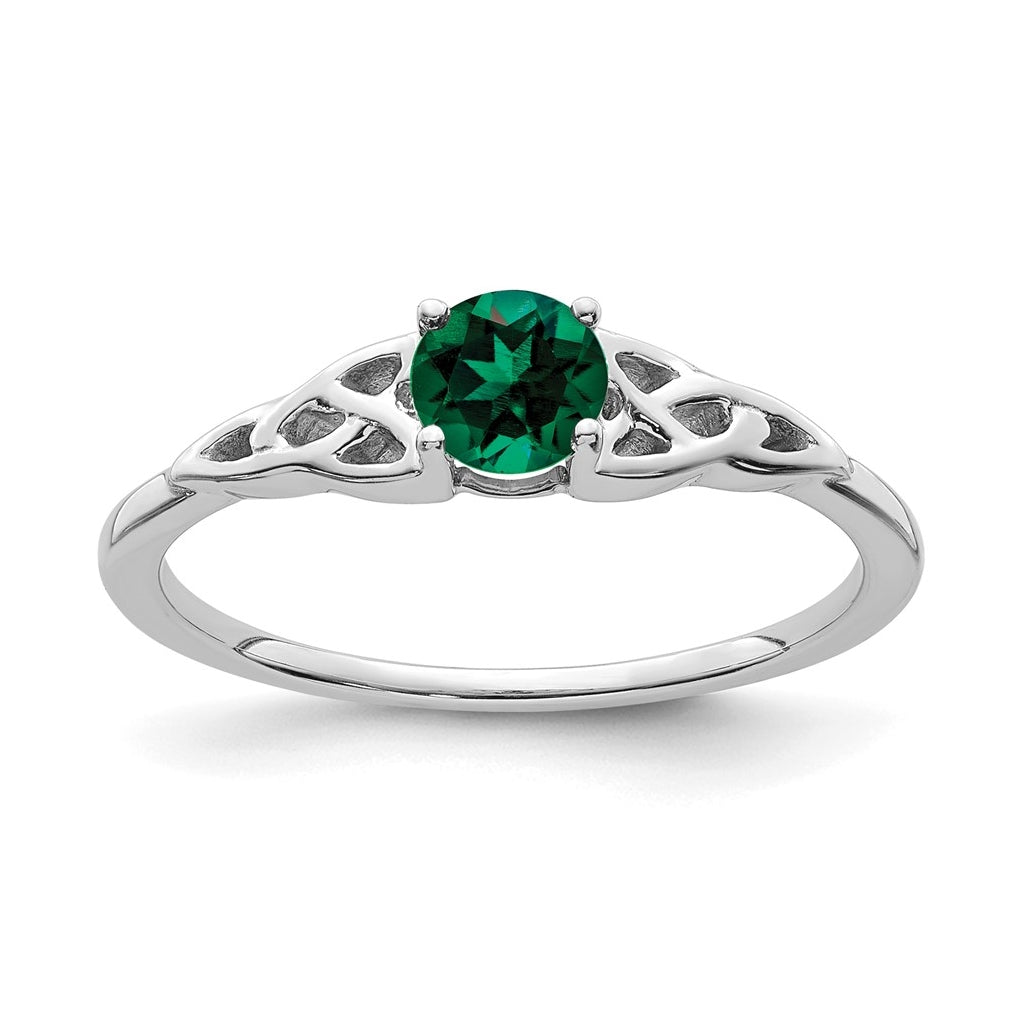 14K White Gold Created Emerald Celtic Knot Ring, Size 7