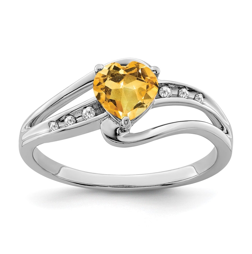 Sterling Silver Rhodium plated Citrine and Diamond Ring, Sz 8