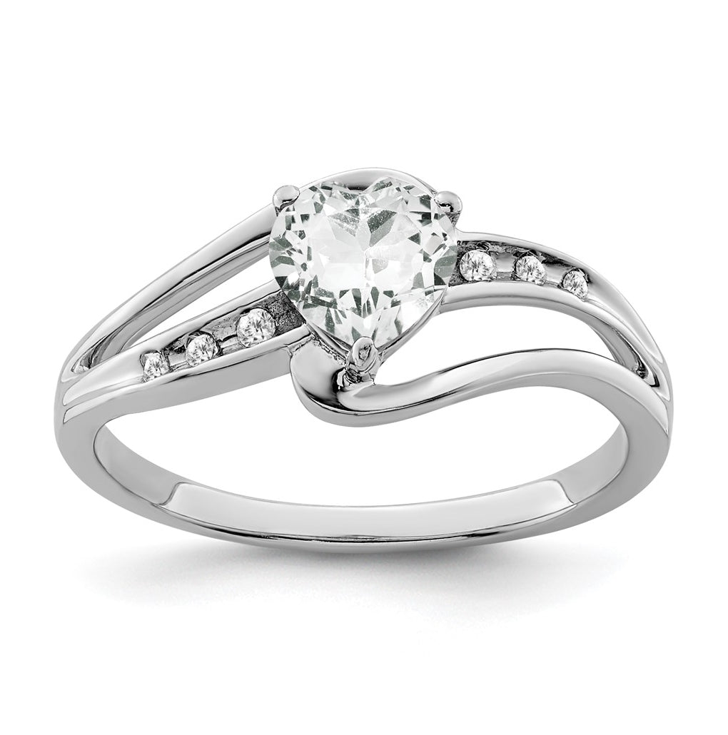Sterling Silver Rhodium plated White Topaz and Diamond Ring, Sz 7