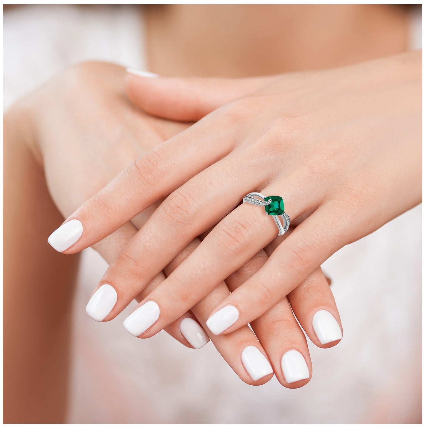 Sterling Silver Rhodium plated Created-Emerald and Diamond Ring, Size 8