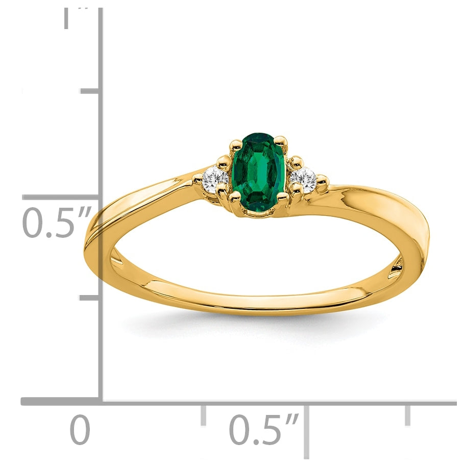 14K Yellow Gold Created Emerald and Diamond Ring, Size 7