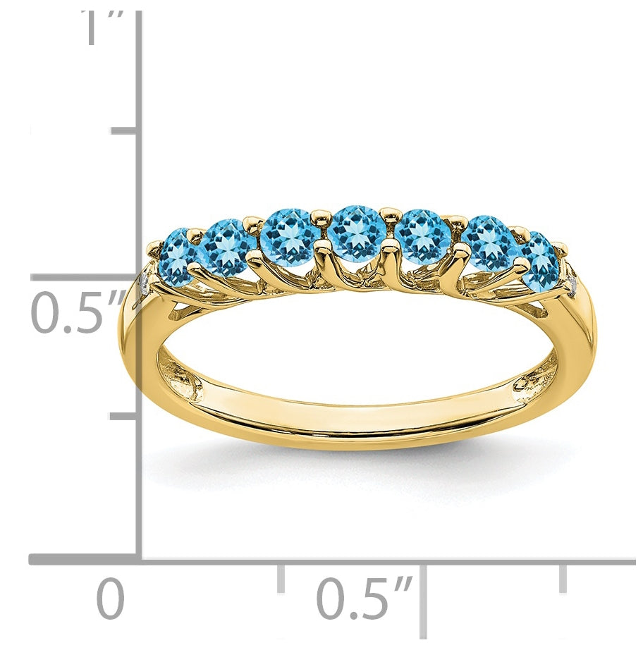 10K Yellow Gold Blue Topaz and Diamond 7-stone Ring, Size 7
