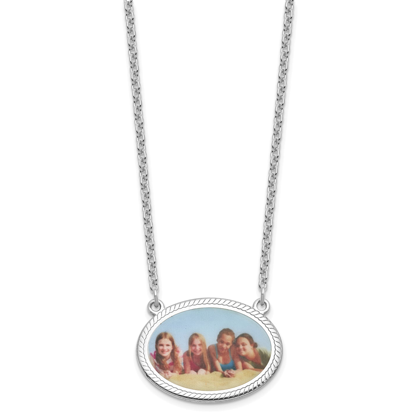 Sterling Silver Rhodium plated Small Rope Border Oval Picture Jewelry Necklace
