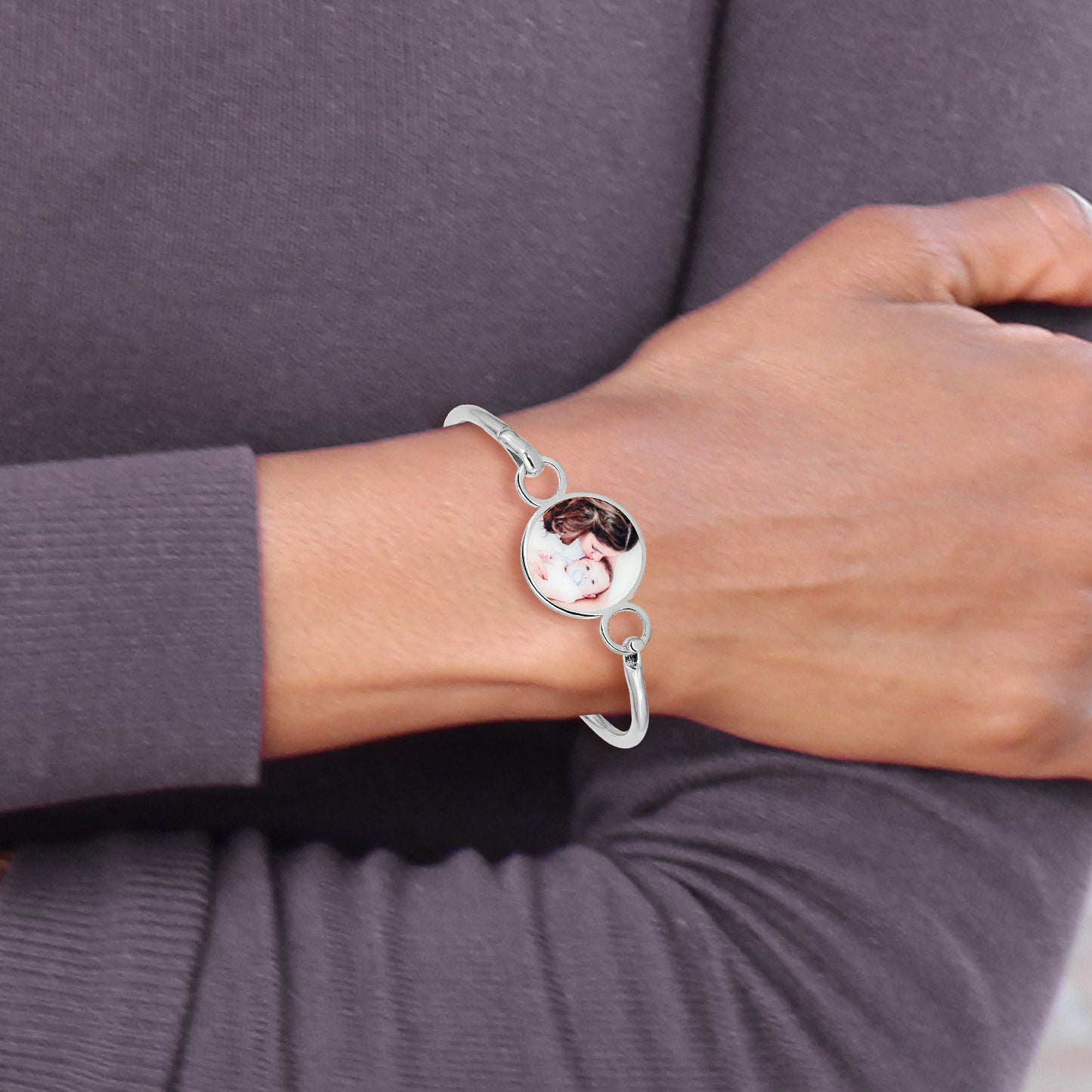 Sterling Silver Rhodium plated Round Picture Jewelry Bangle