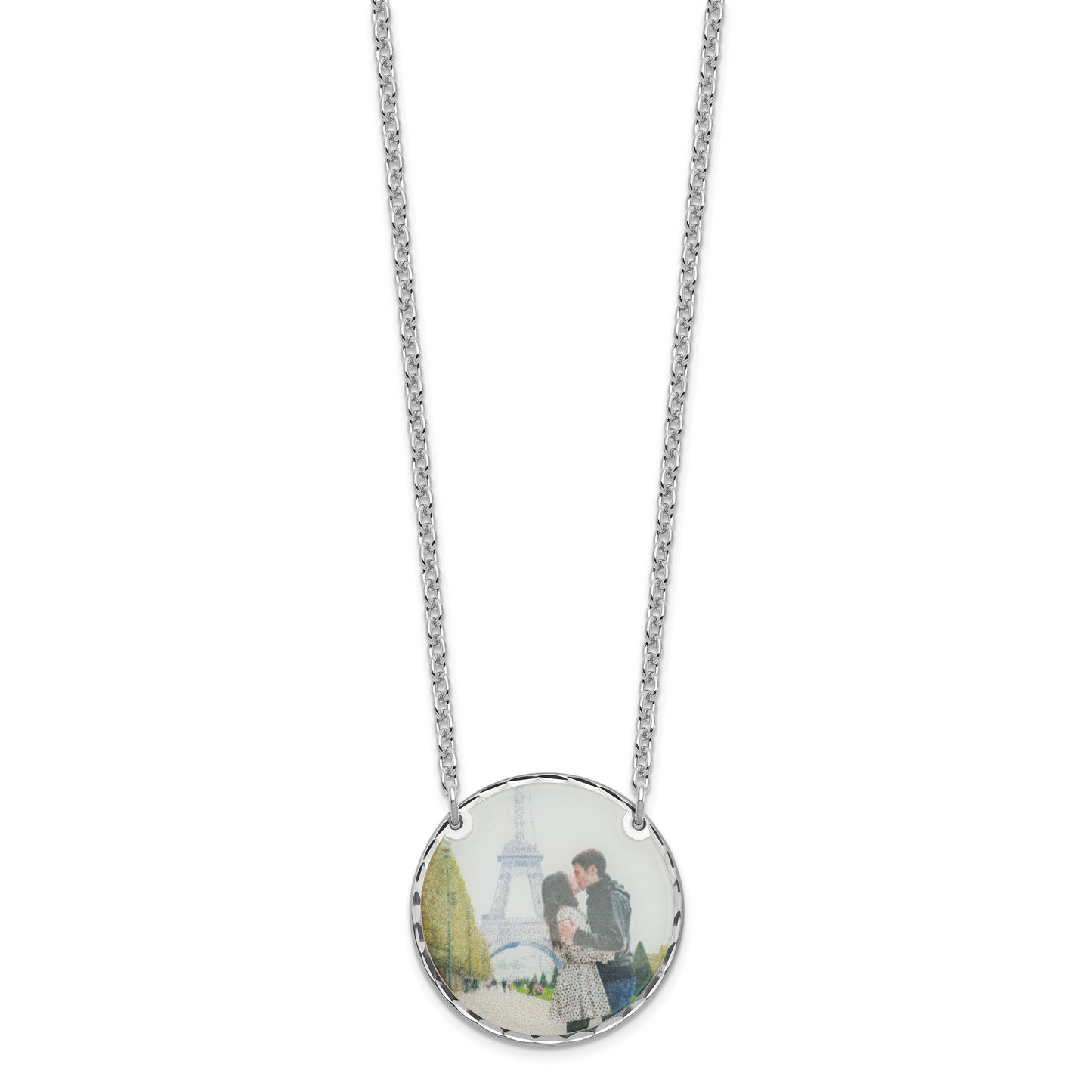 Sterling Silver Rhodium plated Large Diamond-cut Picture Jewelry Disc Necklace