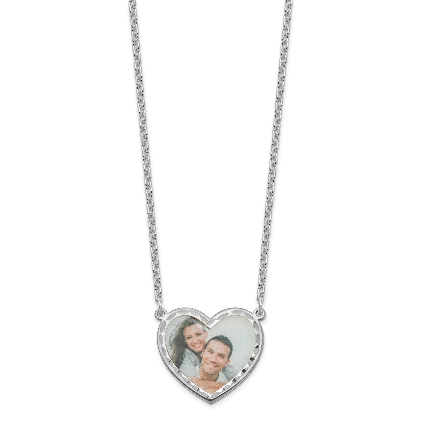 Sterling Silver Rhodium plated Large Diamond-cut Heart Picture Jewelry Necklace