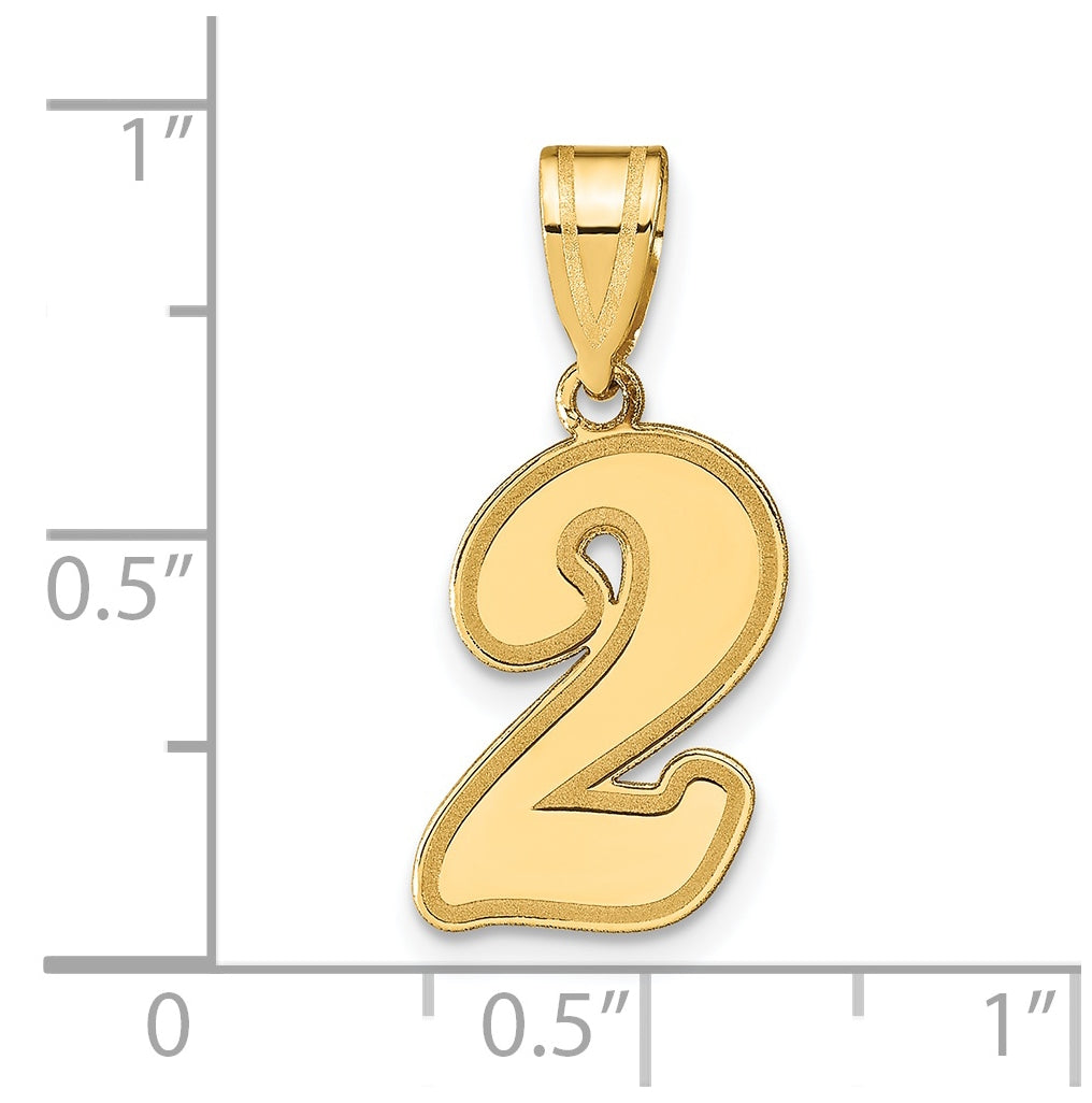 14K Yellow Gold Brushed Border Script Number 2 Pendant